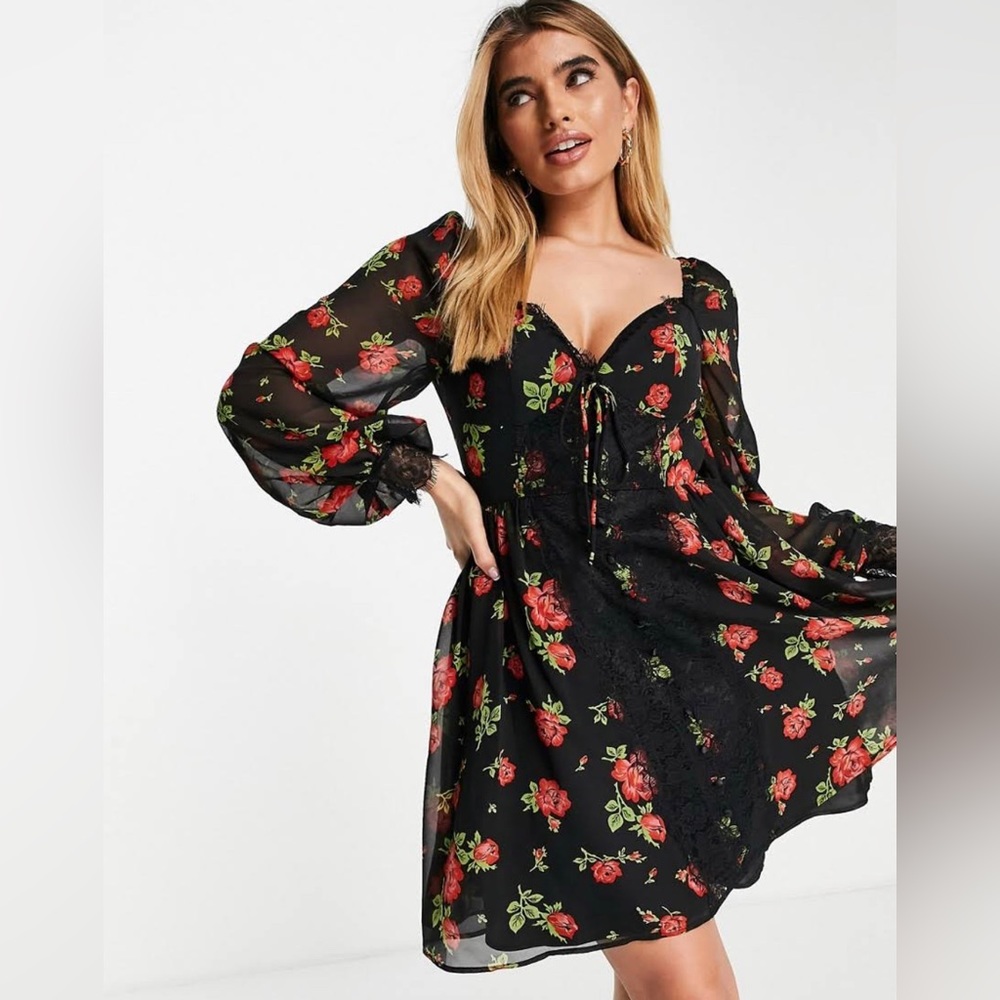 ASOS DESIGN eyelash lace insert skater mini dress in rose floral